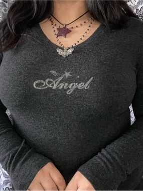 MKM Designs Charcoal 'Angel' Long-Sleeve V-Neck Top